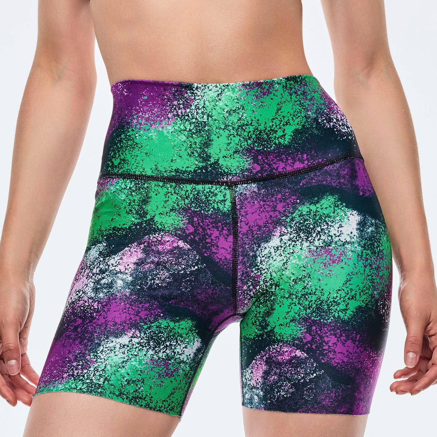 Apres Zumba High Waisted Biker Shorts - Green/Purple