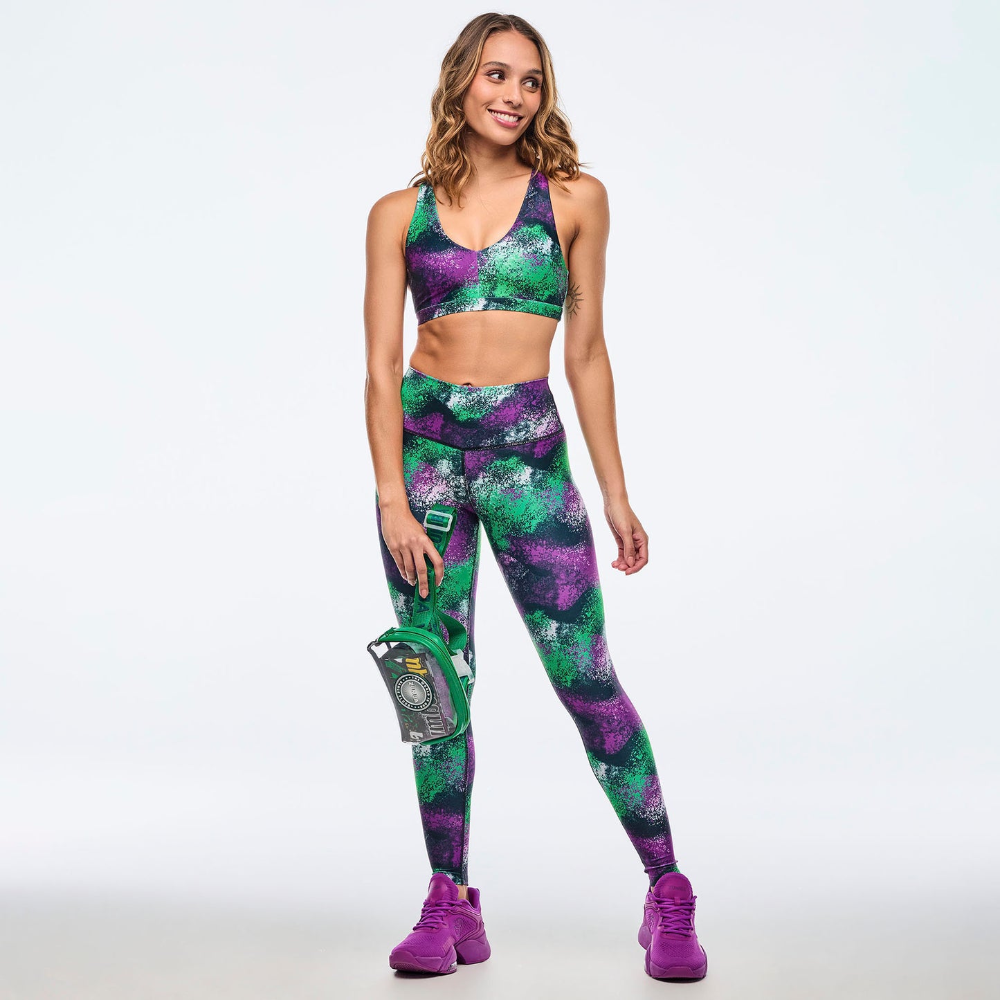 Apres Zumba High Waisted Ankle Leggings - Green/Purple