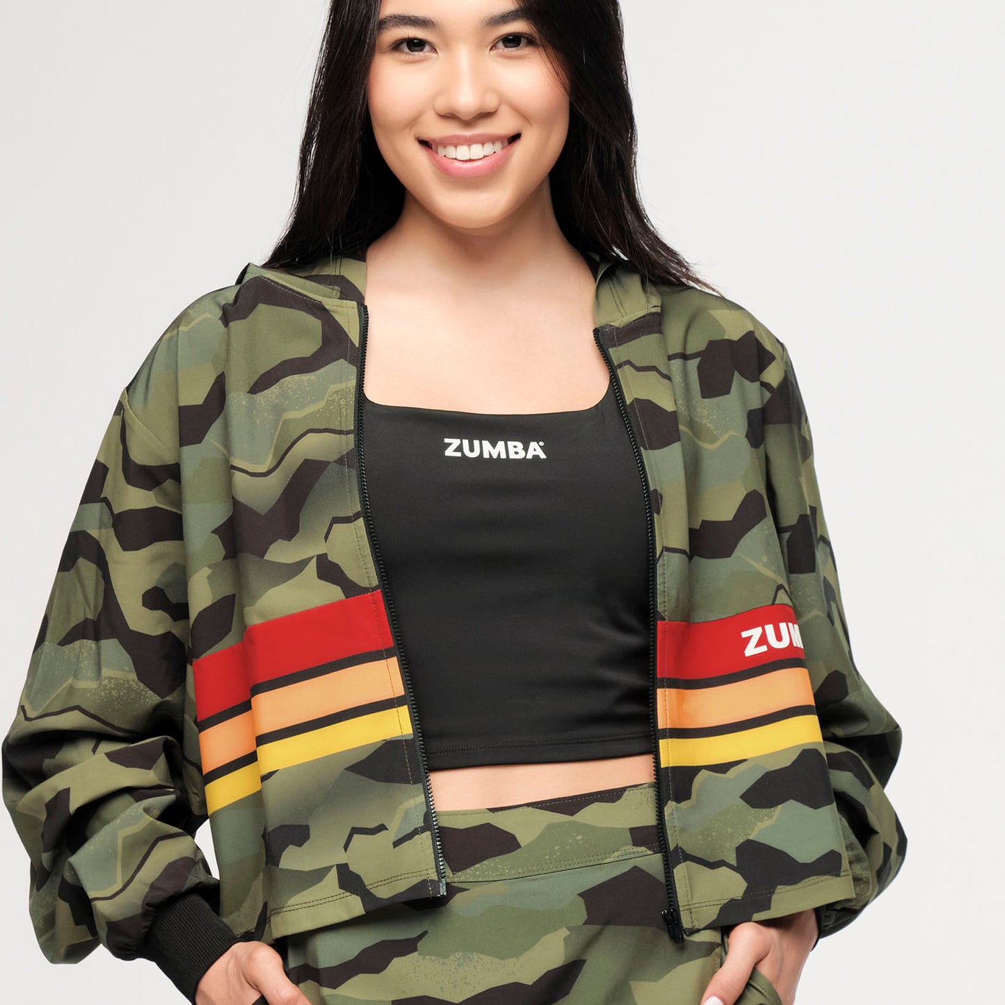 Zumba Explore Crop Woven Zip-Up Hoodie - Olive Expedition