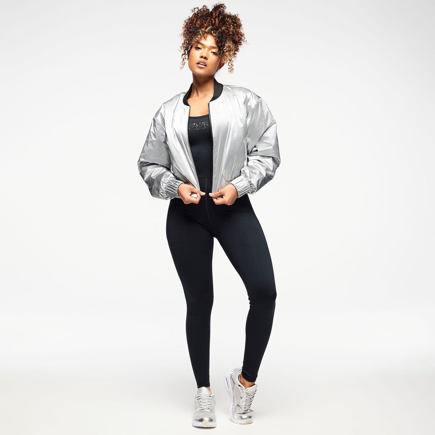 Zumba Runway Crop Zip Up Puff Bomber Jacket - Silver