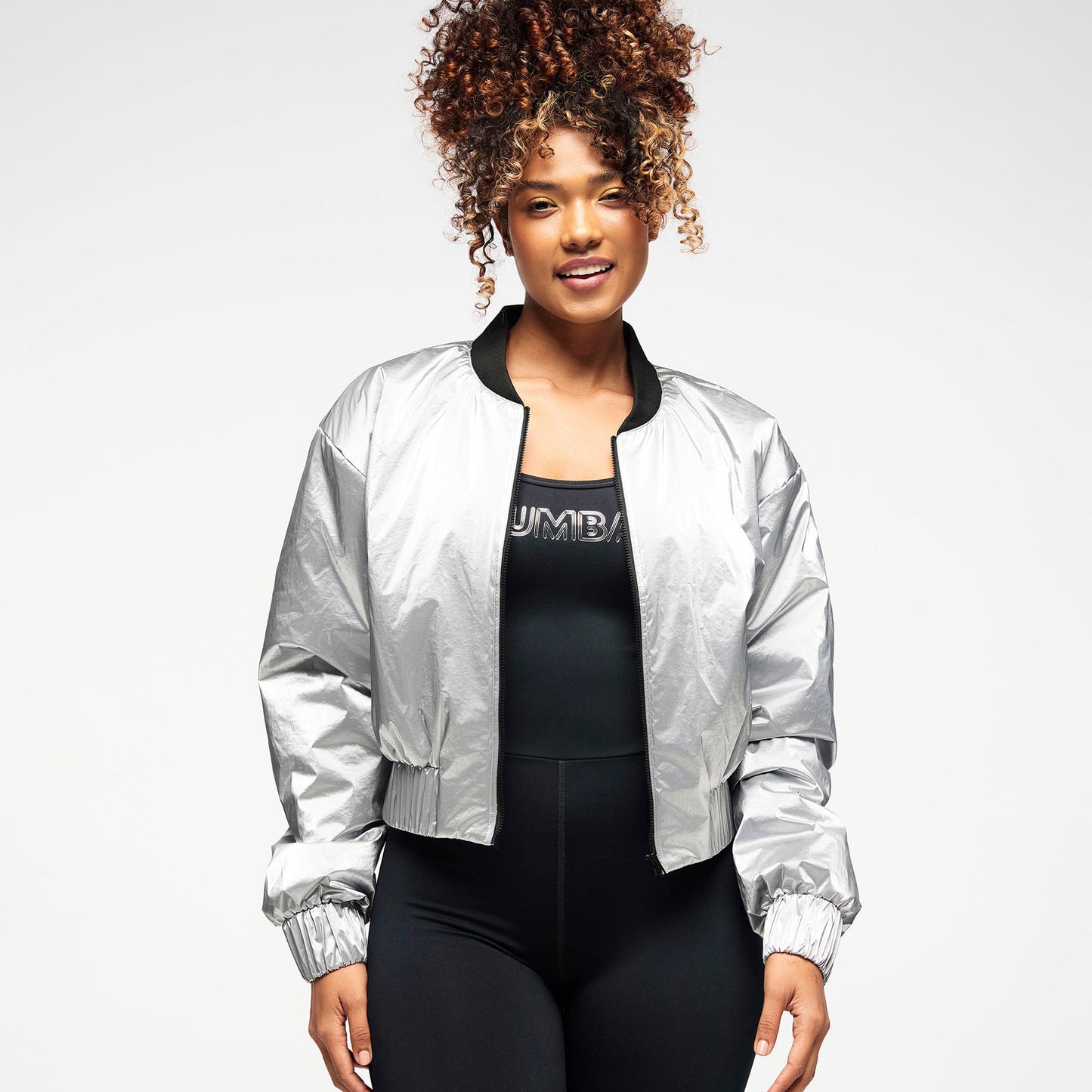 Zumba Runway Crop Zip Up Puff Bomber Jacket - Silver