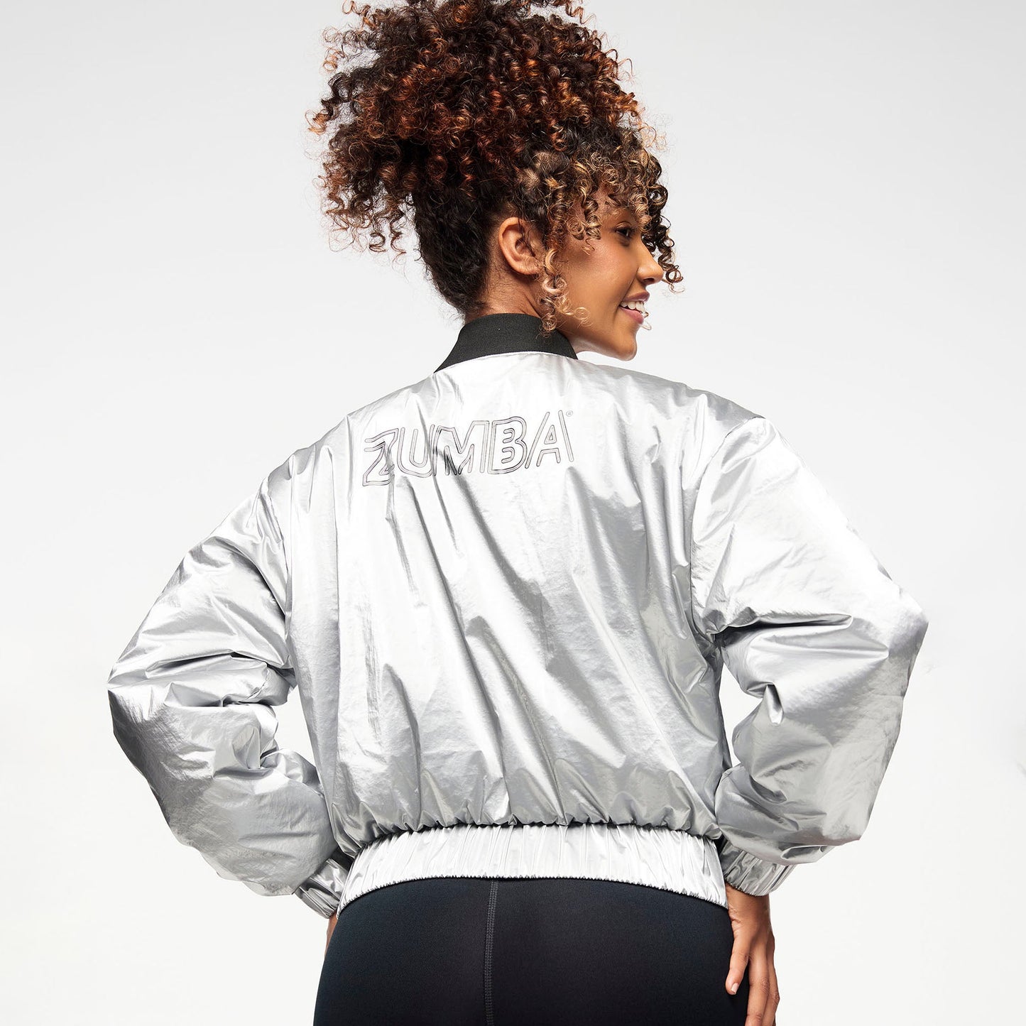 Zumba Runway Crop Zip Up Puff Bomber Jacket - Silver