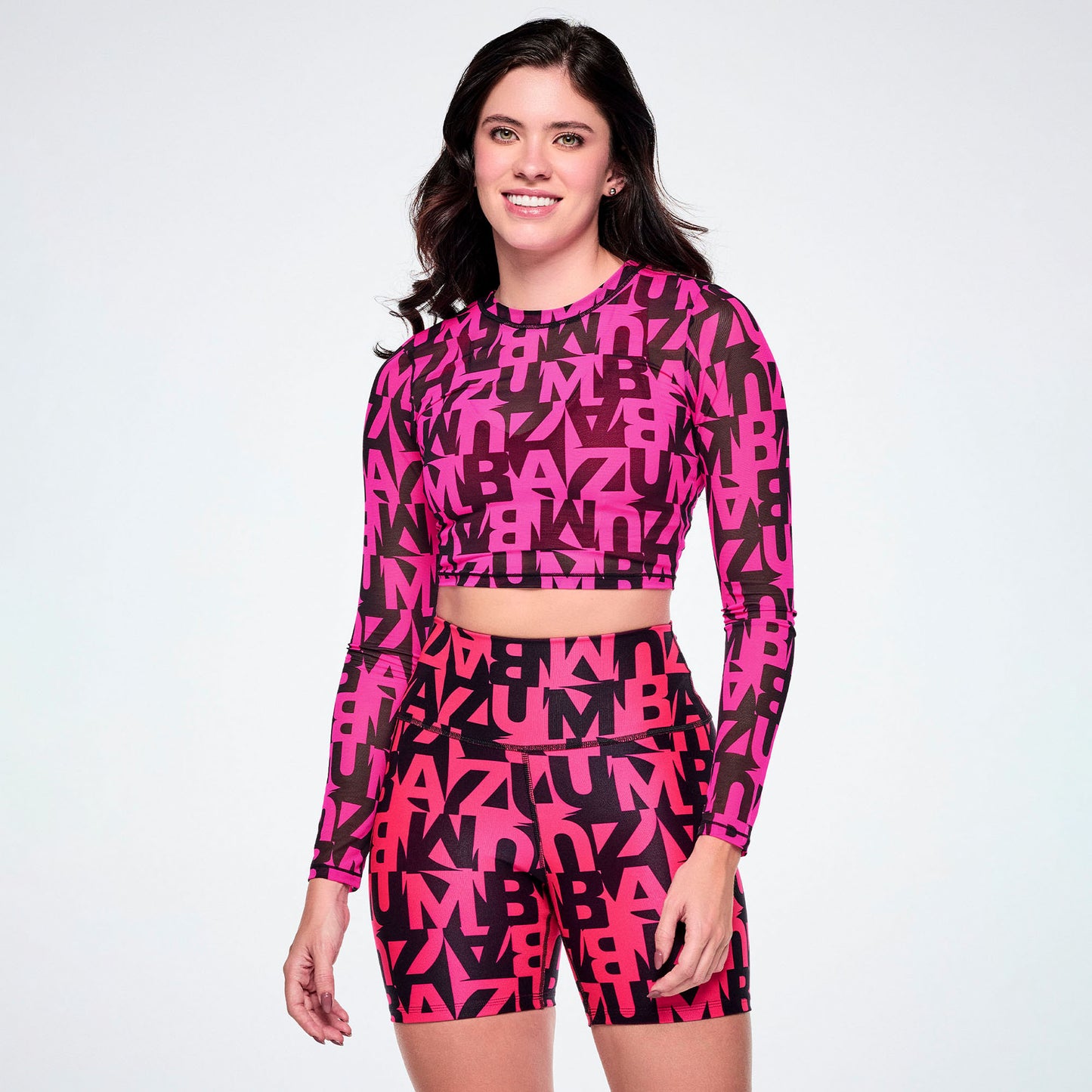 Ultrabright Long Sleeve Mesh Crop Top - Pink/Black