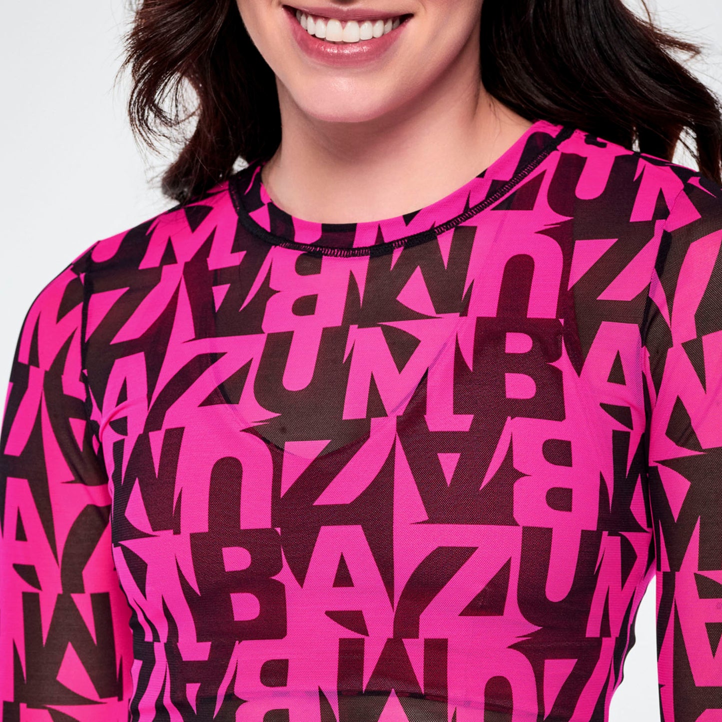 Ultrabright Long Sleeve Mesh Crop Top - Pink/Black