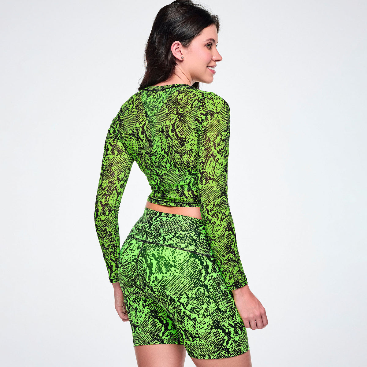 Ultrabright Long Sleeve Mesh Crop Top - Green/Black