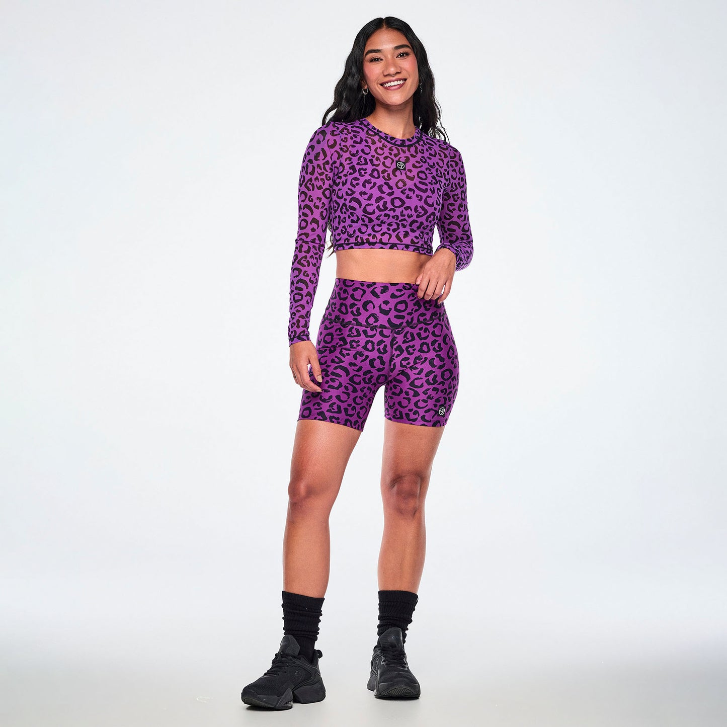 Ultrabright Long Sleeve Mesh Crop Top - Purple/Black