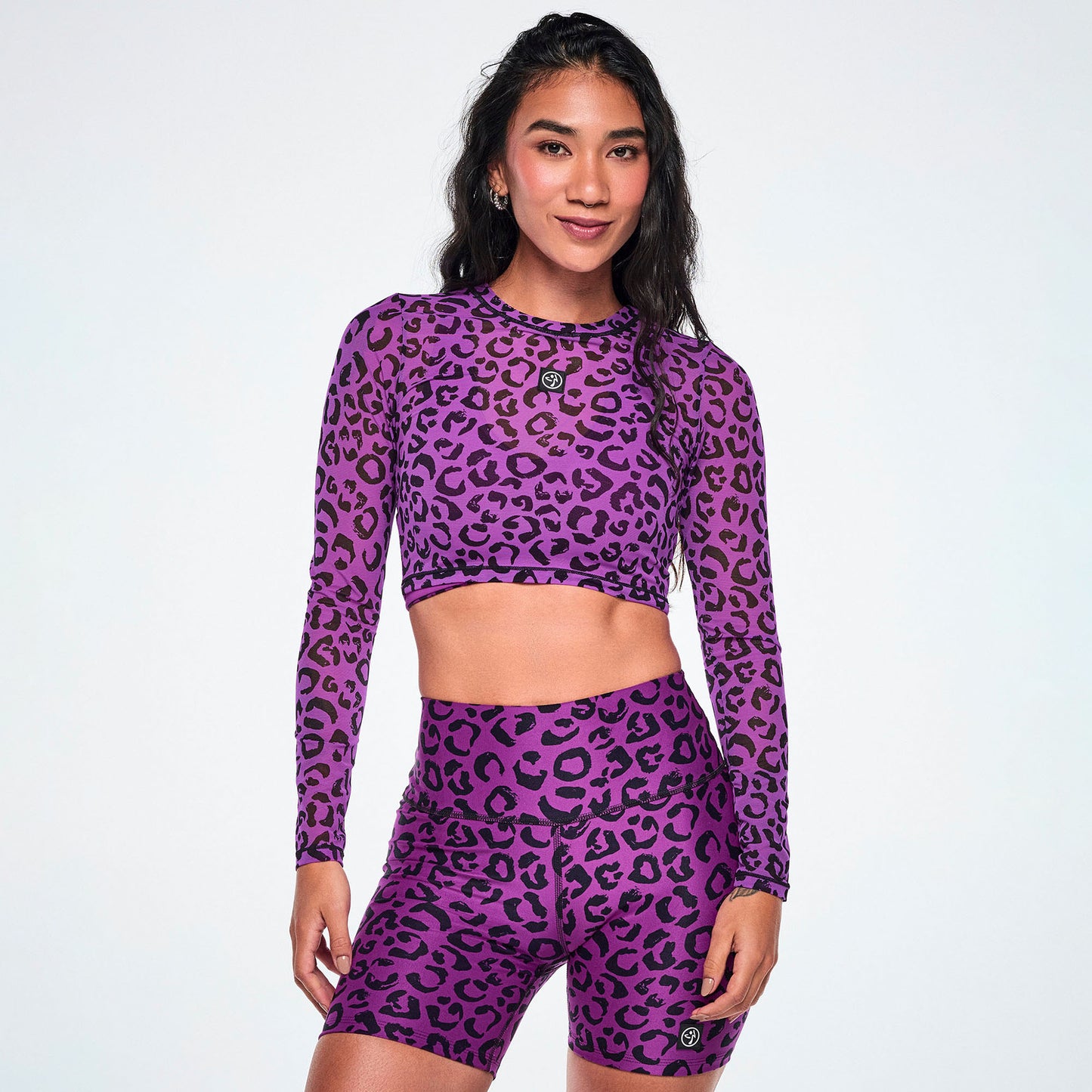 Ultrabright Long Sleeve Mesh Crop Top - Purple/Black