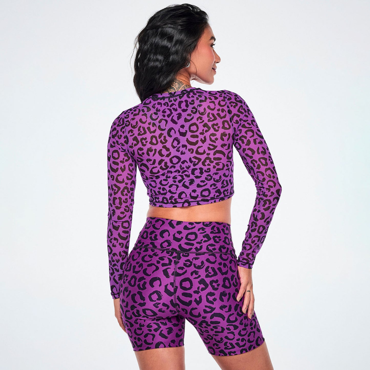 Ultrabright Long Sleeve Mesh Crop Top - Purple/Black