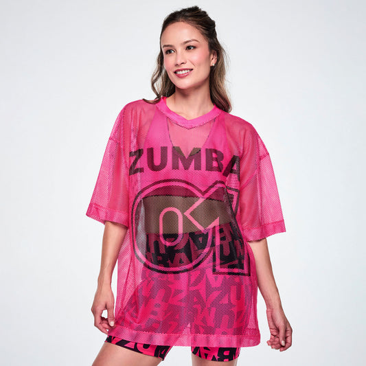 Ultrabright Oversized Mesh V-Neck Top - Shocking Pink