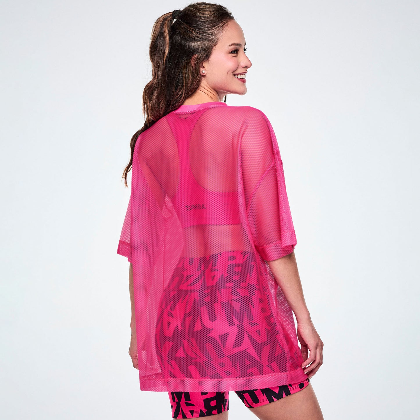 Ultrabright Oversized Mesh V-Neck Top - Shocking Pink