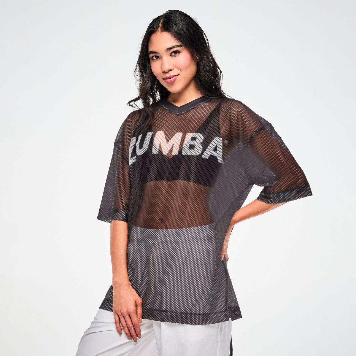 Zumba Basic Oversized Mesh V-Neck Top - Black