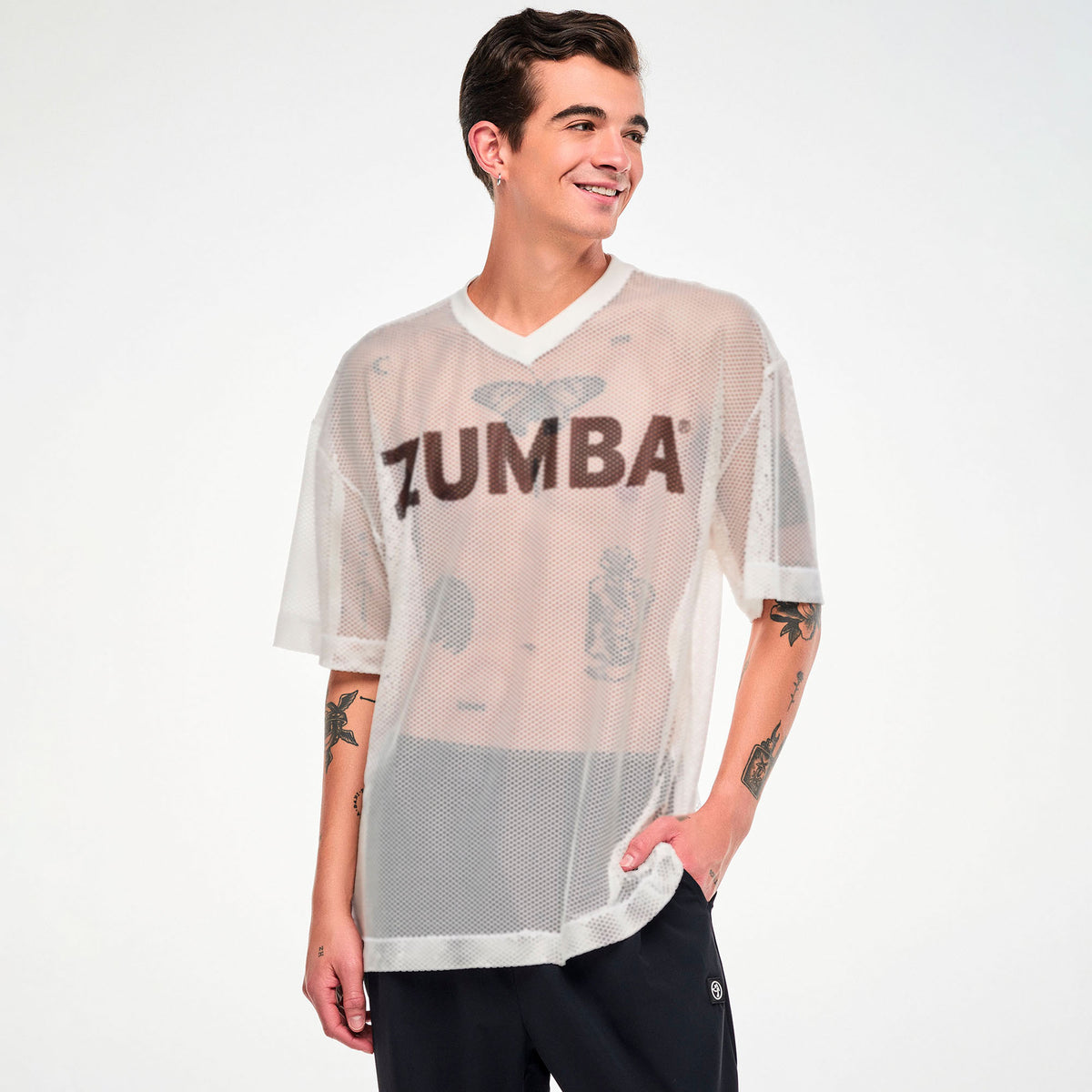 Zumba Basic Oversized Mesh V-Neck Top - White